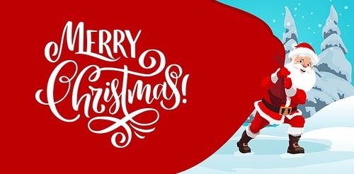 Christmas banner with Santas gift bag, vector Xmas winter holidays. Santa Claus cartoon character with festive red hat and costume carrying huge sack full of Christmas presents through snowy forest