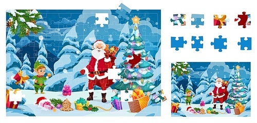 Christmas Santa, gnome and gifts in snowy forest. Jigsaw puzzle game pieces with vector Xmas tree, winter holiday present boxes, Santa Claus and elf cartoon characters. Kids education game worksheet