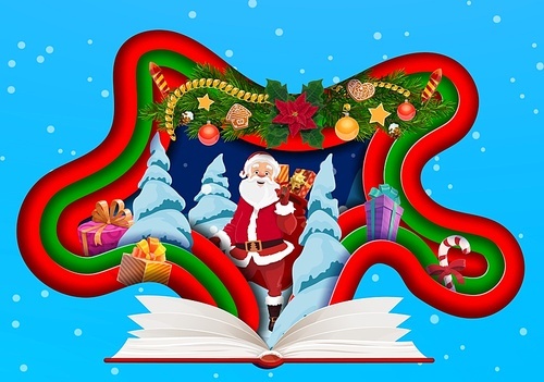 Christmas paper cut Santa with gifts and opened book, vector Xmas winter holidays. Cartoon Santa Claus with Christmas presents and snowy forest background in layered papercut frame with Xmas garland