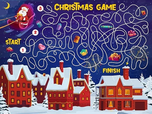 Christmas labyrinth maze, help Santa to deliver gifts, vector kids game worksheet. Santa on sleigh with gifts bag to find way to deliver Christmas gifts to village town, labyrinth maze puzzle quiz