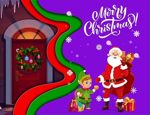 Christmas paper cut cartoon Santa, door and holiday wreath, vector winter background. Merry Christmas greeting card in paper cut or cutout paper layers with Santa, elf and gifts with snowflakes