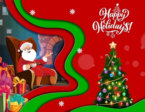 Christmas paper cut cartoon Santa in chair near fireplace, winter holiday vector greeting. Merry Christmas paper cut or cutout paper layers, Santa at fireplace drinking tea, Christmas tree and gifts