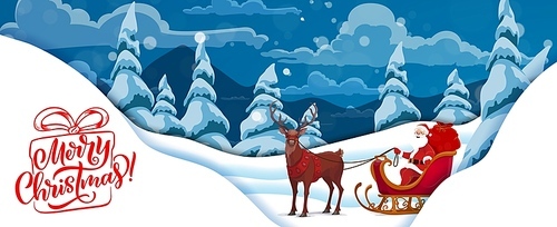 Christmas paper cut cartoon Santa on sleigh with deer. Vector Xmas winter holiday forest landscape with layered papercut borders of white snow piles, Santa character and Christmas gifts bag on sledge