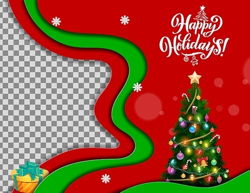 Christmas paper cut frame with pine tree and gift. Vector winter holidays papercut frame with 3d layered borders of red green waves, festive pine tree and present, Xmas star, bell and bauble ornaments