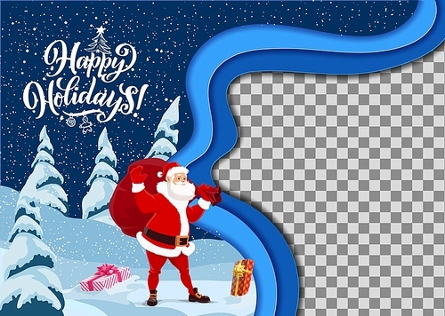 Christmas paper cut cartoon Santa and free area, winter holidays vector background. Merry Christmas copy space greeting card in paper cut or cutout paper layers with Santa and gifts bag in snow forest