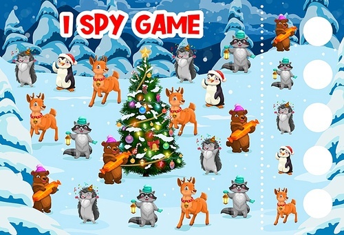 Christmas I spy game, cartoon cute animals on winter holidays, vector quiz worksheet. Reindeer, penguin in Santa hat and raccoon with hedgehog on kids puzzle riddle to find two same funny animals