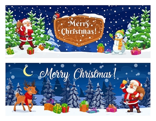 Christmas banners cartoon santa and deer in snowy holiday forest. Vector horizontal cards with funny father Noel, reindeer and snowman in night wood with spruces and snowfall. Greeting cards for xmas