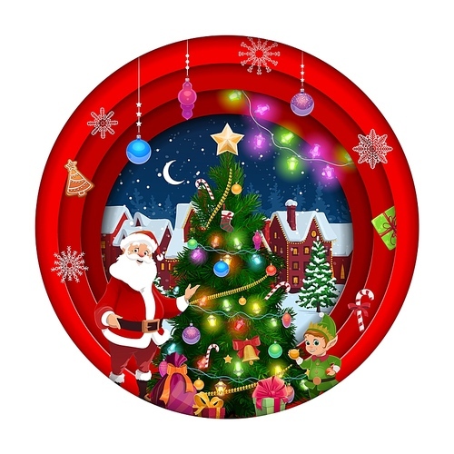 Christmas paper cut santa, holiday tree and snowy town. Vector xmas holiday papercut double exposition design with 3d effect round frame, father noel in red costume and elf in night city with snow