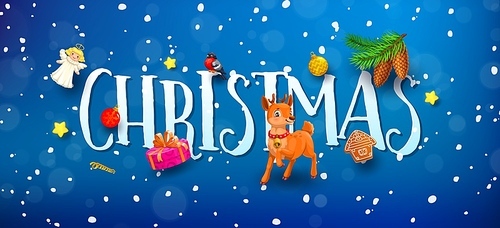 Christmas 3d banner with cartoon deer, lettering and decorations. Xmas holiday vector card with angel, bullfinch, snowflakes, gingerbread house. Baubles, pine cones on branch, gift box and stars