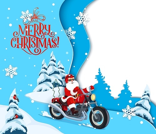 Christmas paper cut cartoon santa on bike and free space background. Vector template for greeting card or banner with funny Father Noel biker hurry to kids by snowy forest with trees 3d layered effect