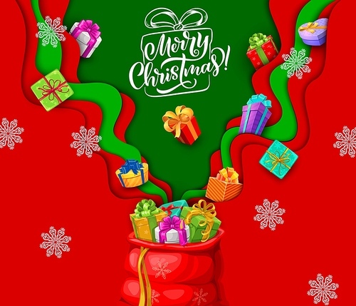 Christmas paper cut gifts bag with snowflakes and waves of presents. Vector greeting card with 3d layered effect, red and green layouts, snow flakes, colorful presents, Merry Christmas lettering