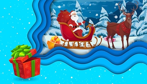 Christmas paper cut gift box and cartoon santa on sleigh. Vector holiday xmas papercut art with cheerful father noel riding reindeer sled at night forest landscape with snowfall, gifts and 3d layers