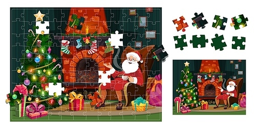 Christmas interior with santa in chair jigsaw puzzle game pieces. Vector logic riddle worksheet for children attentiveness, find detail that fell out of picture. Brain teaser task for spatial thinking