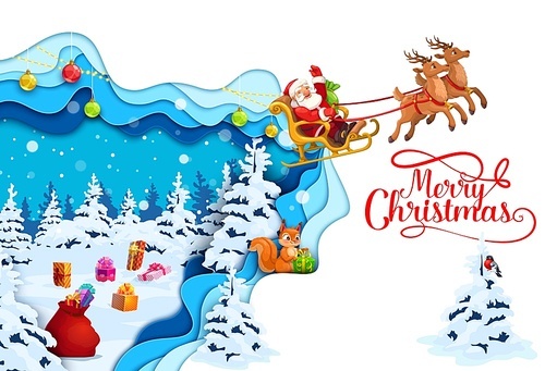 Christmas paper cut flying santa sleigh over the snowy forest. Vector 3d papercut layered effect card with funny cartoon Father noel riding sled in sky with snow, cute squirrel and xmas holiday gifts