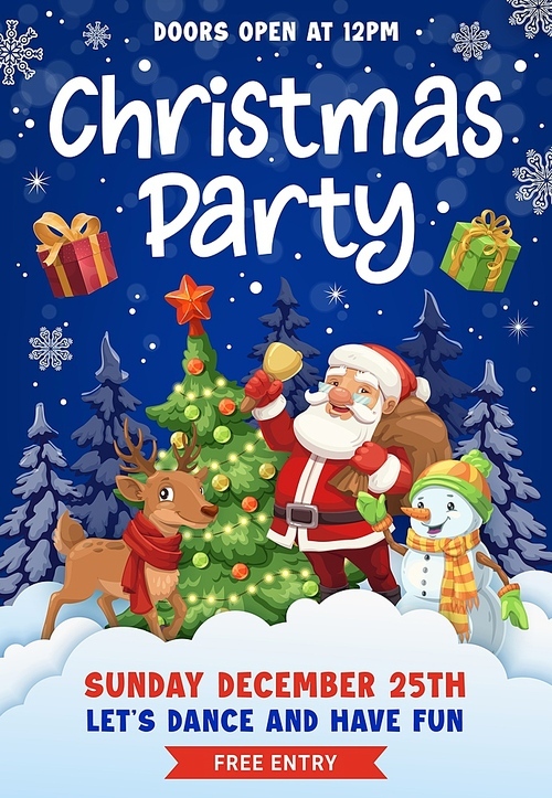 Christmas party flyer with paper cut snow, Santa and holiday pine tree, winter holidays vector poster. Merry Christmas party invitation with paper cut Santa gifts, reindeer and snowman at Xmas tree