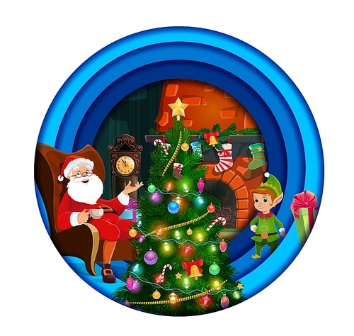 Christmas paper cut cartoon Santa, gnome and holiday tree near fireplace. Vector Xmas gifts, Santa Claus, elf and stockings in layered papercut round frame, Merry Christmas greeting card