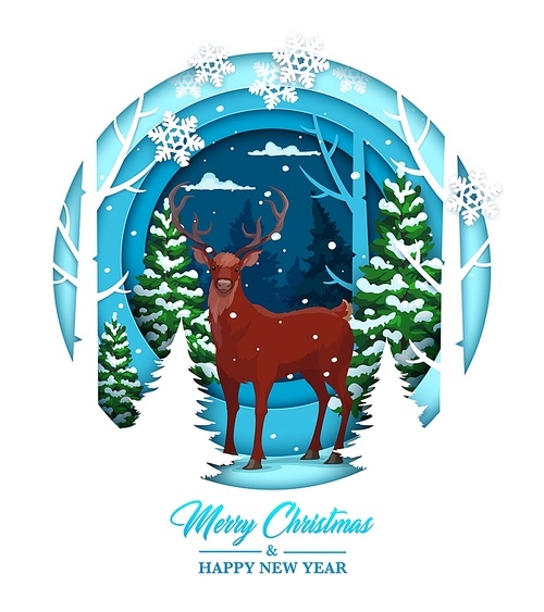 Christmas paper cut cartoon deer in snowy forest. Vector greeting card with reindeer in winter wood in papercut trendy craft style. New year double exposition design with 3d art effect round frame