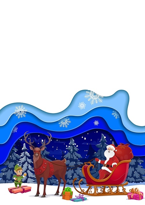 Christmas paper cut banner, cartoon Santa on sleigh. Vector template with 3d papercut layered effect, vertical blank card with Noel riding sled in night forest with gifts, snow and funny elf helper