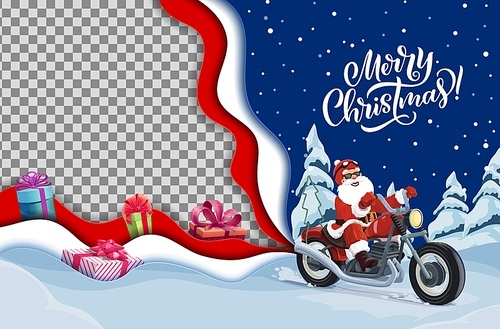 Christmas paper cut frame with cartoon Santa on bike and vector Xmas gifts. Santa Claus character riding motorcycle through winter holiday forest, 3d layered papercut wavy borders and Xmas presents