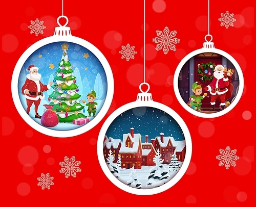 Christmas paper cut banner with holiday baubles. Vector 3d effect design with round frames in shape of xmas toys hanging on strings with Santa claus, decorated tree, snowy town and funny gnomes inside