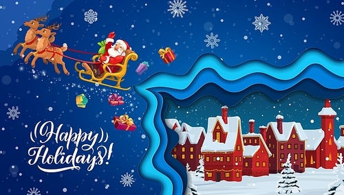 Christmas paper cut cartoon santa in sleigh and winter town landscape. Vector 3d papercut layered effect card, funny cartoon Father noel rides deer sled in sky with snowflakes and xmas holiday gifts