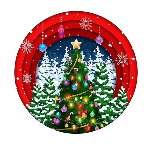 Christmas paper cut with holiday pine tree and decorations. Vector round 3d papercut frame with layered effect, snowflakes and decorated spruce. Xmas greeting card fir-tree with baubles and garlands