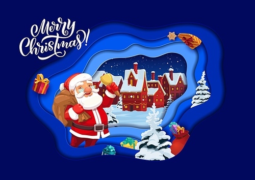 Christmas paper cut cartoon Santa in winter holiday town. Vector double exposition 3d effect greeting card with funny Saint Nicholas with bag ringing bell at night snowy city landscape