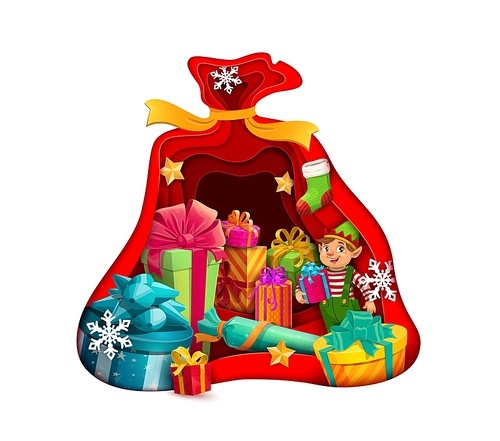 Christmas paper cut with santa gift bag and gnome. Vector Xmas holiday papercut double exposition design with 3d effect frame, elf in green costume, colorful presents, stars and snowflakes