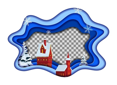 Christmas paper cut frame of vector winter holiday city. Xmas street with festive decorated house and church, snowy pine trees and snowflakes 3d layered paper cut wavy frame borders, Merry Christmas