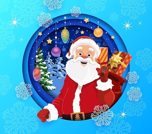 Christmas paper cut banner, cartoon Santa with gifts bag and holiday decorations, vector winter background. Christmas greeting card in paper cut double exposition, Santa and snowflakes cutout layers