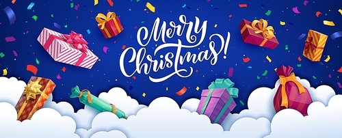 Christmas paper cut clouds with holiday gifts, vector winter background. Merry Christmas or New Year greeting card in paper cut or paper cutout layers with snow clouds, confetti and Santa gifts bag