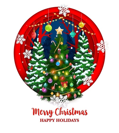 Christmas round paper cut holiday landscape with snowflakes and decorated pine tree. Vector xmas greeting card with 3d papercut layered effect, fir-tree, hanging baubles, garlands and wishes