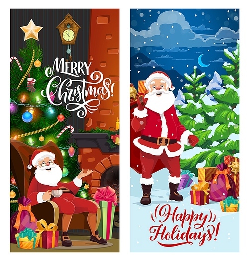 Christmas banners with Santa Claus sitting at fireplace and bringing gifts to xmas tree in snowy forest. Vector vertical cards for winter holidays celebration with funny Father Noels and presents