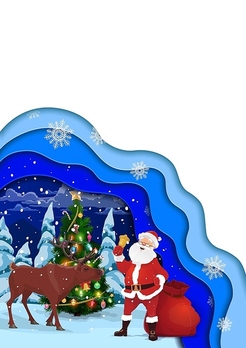 Christmas paper cut banner, cartoon santa, deer and holiday tree. Vector template with 3d papercut layered effect, vertical blank card with funny Noel ringing bell in night snowy forest with reindeer