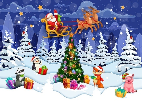 Christmas paper cut forest landscape, cute animals on snow waves and santa on sleigh. Vector 3d papercut layered effect with cartoon Father noel flying on sled, badger, penguin, fox and pig with gifts