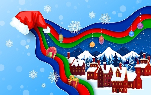 Christmas paper cut poster, Santa hat and winter town houses in snow, vector holidays background. Merry Christmas papercut greeting card with cutout layers of village town, Santa gifts and snowflakes