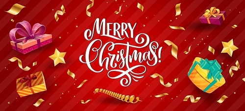 Christmas banner holiday gifts and golden confetti. Vector greeting card with serpentine, gift boxes and gold stars on red background. Xmas holiday congratulation lettering and flying presents