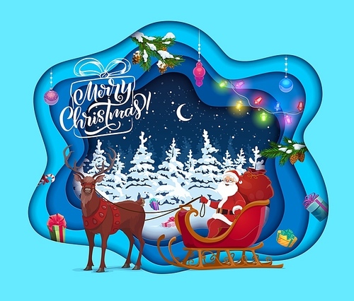 Christmas paper cut cartoon santa on sleigh in winter forest. Vector holiday xmas 3d papercut art with cheerful father noel deliver gifts by reindeer sled at night forest landscape with snowfall