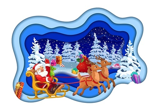 Christmas paper cut cartoon santa on sleigh in winter forest. Vector 3d papercut layered effect greeting card with funny Father Noel riding sled over night wood with snow, spruces and gifts