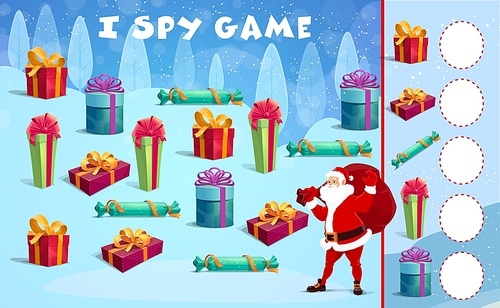 Christmas kids i spy game. Help to santa find a gifts. Cartoon vector worksheet riddle page with Noel xmas character and present boxes. Math educational puzzle for kindergarten or preschool children