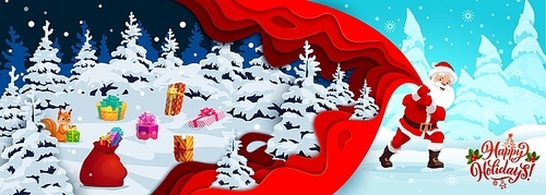 Christmas paper cut banner gifts on snow and cartoon santa with bag. Vector xmas seasonal greeting with funny Father Noel pull huge sack deliver presents to kids at snowy forest. Happy holidays card