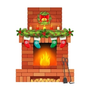 Brick Christmas fireplace with holly leaf bells and Christmas stockings, candles, wreath. House classic fireplace with burning wooden chunks flames and winter holidays traditional decorations