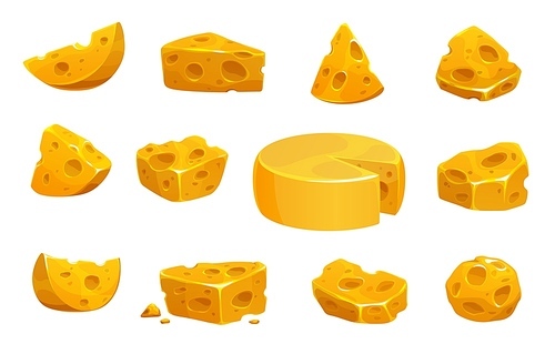 Cartoon isolated yellow cheese. Cheddar, swiss, maasdam cheese dairy product. Round vector block with triangular cut piece, slice with holes, cube shaped dairy farm production