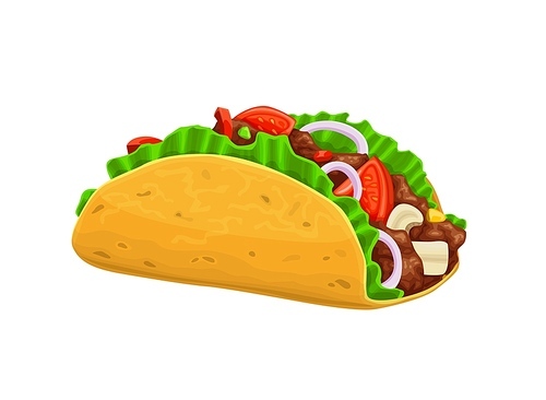Cartoon Mexican tacos, isolated vector tex mex fast food snack. Traditional meal of Mexico made of corn or wheat tortilla with grilled chicken meat and fresh vegetables. Fastfood takeaway dish