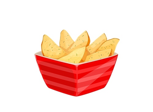 Cartoon fried potato, isolated vector bowl with grilled vegetable wedges or chops. Red plate with tasty fresh cooked potato fries with spice and herbs. Home or cafe food menu, delicious meal