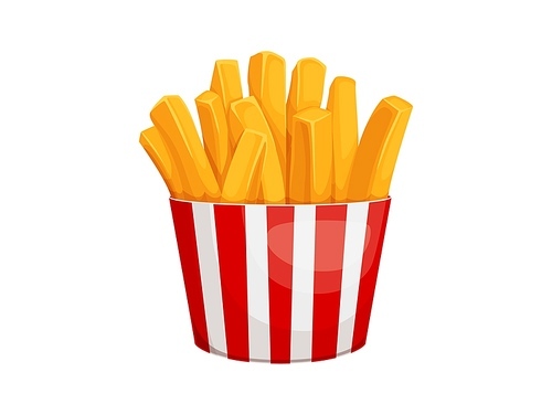 Cartoon french fries isolated vector box with fried potato sticks. Red and white striped container with fast food snack. Street food, junk takeout french fries meal bucket, bistro cafe fastfood menu