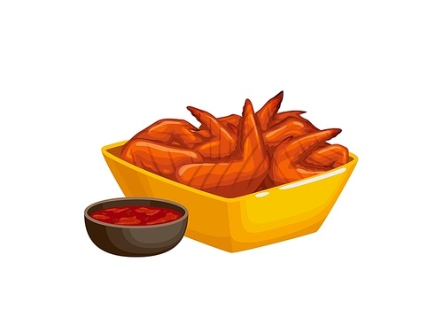 Cartoon spicy chicken wings. Restaurant meat menu hot meal, take away dish or fast food cafe grill menu snack vector icon. Isolated bowl with grilled chicken wings and chilli or tomato sauce in saucer