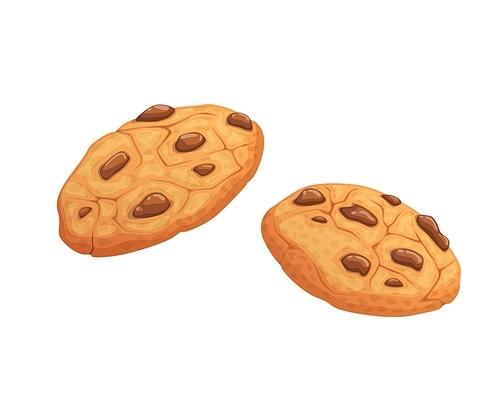 Cartoon biscuit cookie with chocolate pieces and crumbs. Isolated vector crispy baking, round sweet snack with choco chips. Fresh bakery, confectionery product, tasty dessert, pastry, sugar food
