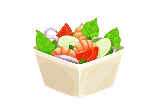 Cartoon salad with shrimps, isolated vector square bowl with fresh vegetables and seafood. Delicious dish with prawns, fresh lettuce, onion, tomatoes and cucumbers. Healthy eating, dieting food
