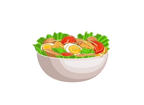 Cartoon caesar salad. Isolated vector bowl with lettuce leaves, chicken meat, bread croutons, eggs and tomatoes. Healthy food, delicious appetizer, Italian cuisine meal, classic recipe of caesar salad